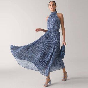 WHBM blue pleated dress, Size 2, Asymmetric hemline, Jacquard pattern